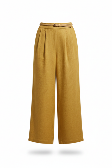 Pantalon En Lin Jaune Ample Plissé Décontracté - vue 3