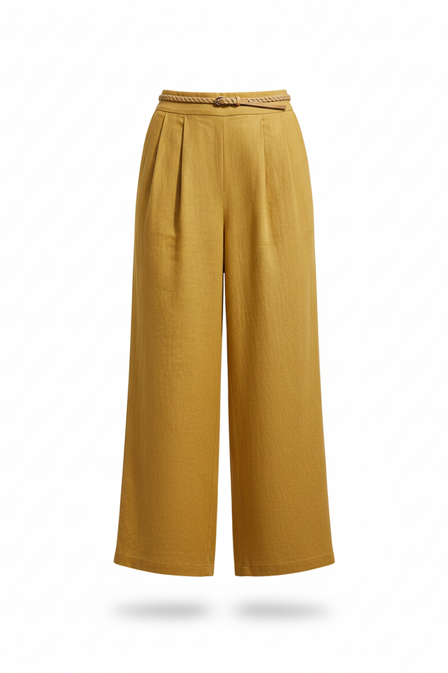 Pantalon En Lin Jaune Ample Plissé Décontracté - vue 3