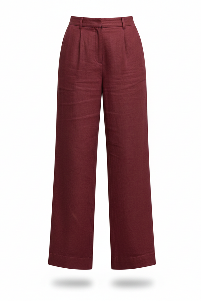 Pantalon En Lin Bordeaux Ample Fluide Femme - vue 3