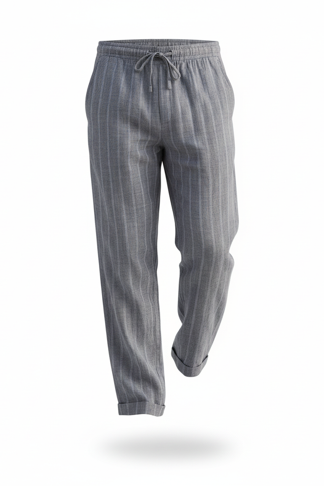 Pantalon En Lin Rayé Droit Confortable Homme - Gris - vue 3
