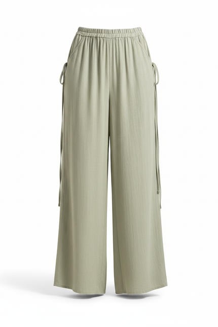 Pantalon En Lin Vert Ample Fluide Taille Haute Décontracté - vue 3
