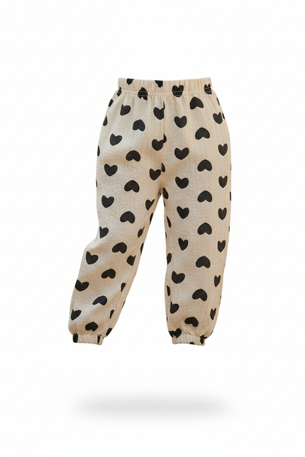 Pantalon En Lin Écru Cœurs Noirs Ample Élastique Fille - Beige - vue 3