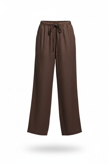 Pantalon En Lin Marron Ample Cordon Décontracté Femme - vue 3