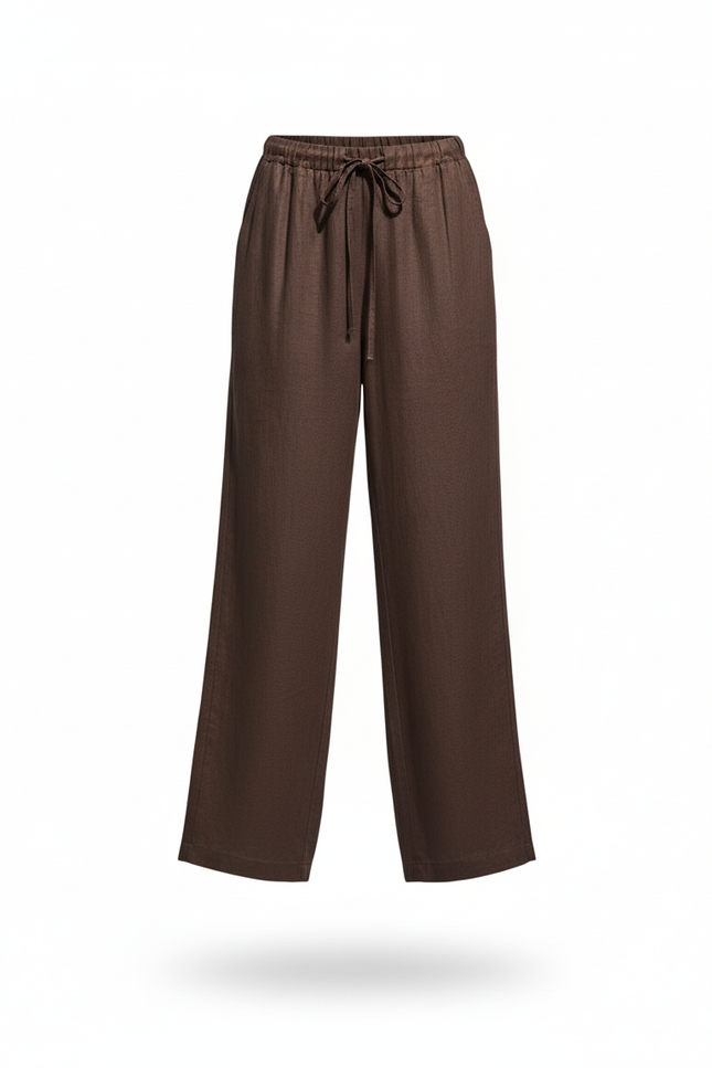 Pantalon En Lin Marron Ample Cordon Décontracté Femme - vue 3