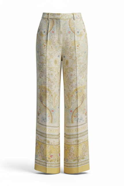 Pantalon En Lin Imprimé Paisley Fluide Jaune Crème Chic - vue 3