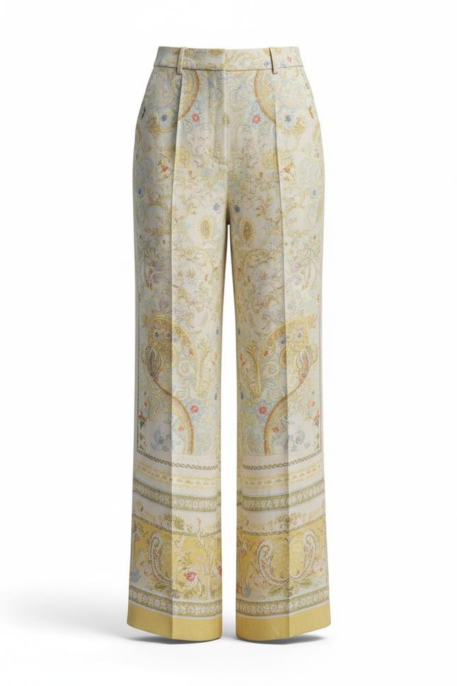 Pantalon En Lin Imprimé Paisley Fluide Jaune Crème Chic - vue 3