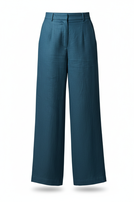 Pantalon En Lin Bleu Canard Ample Taille Haute - vue 3