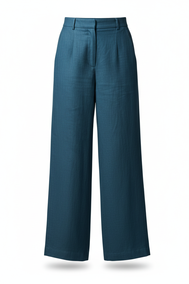 Pantalon En Lin Bleu Canard Ample Taille Haute - vue 3