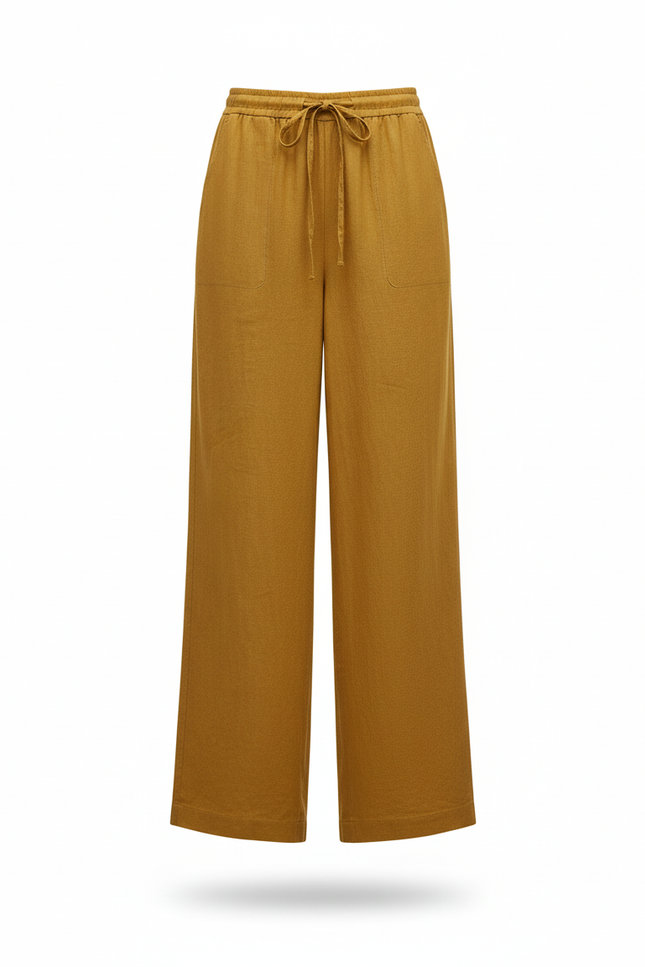 Pantalon En Lin Ample Jaune Moutarde Fluide Décontracté - vue 3