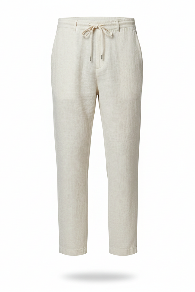 Pantalon En Lin Blanc Cassé Droit Cordon Décontracté Homme - vue 3
