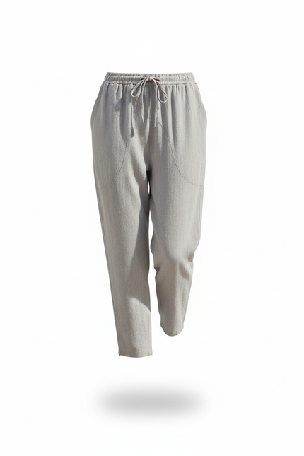 Pantalon En Lin Gris Fluide Décontracté Coton Taille Élastique - vue 3