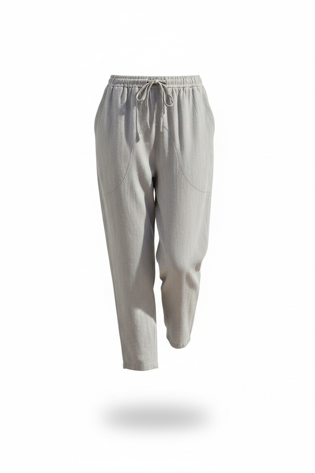 Pantalon En Lin Gris Fluide Décontracté Coton Taille Élastique - vue 3