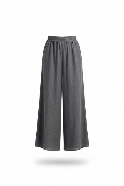 Pantalon En Lin Gris Large Fluide Taille Élastique - vue 3