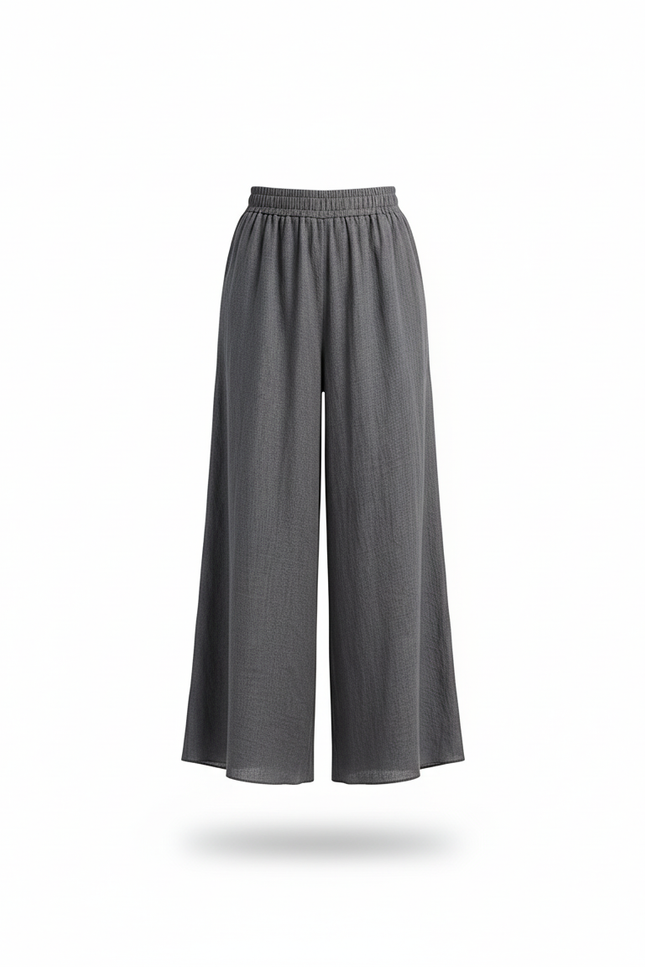 Pantalon En Lin Gris Large Fluide Taille Élastique - vue 3