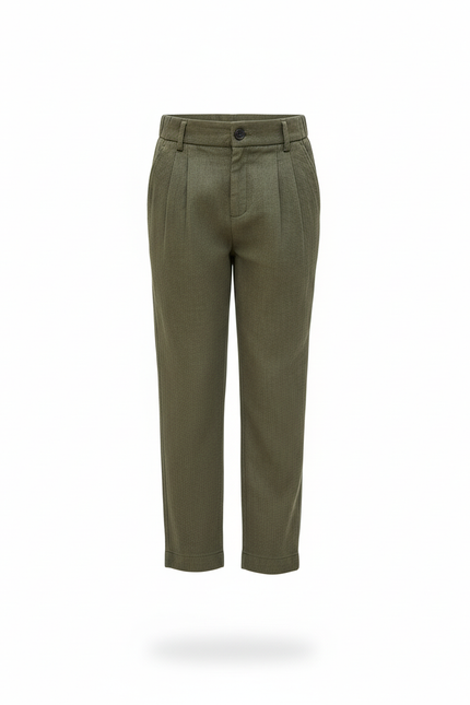 Pantalon En Lin Vert Olive Plissé Décontracté Garçon - Kaki - vue 3