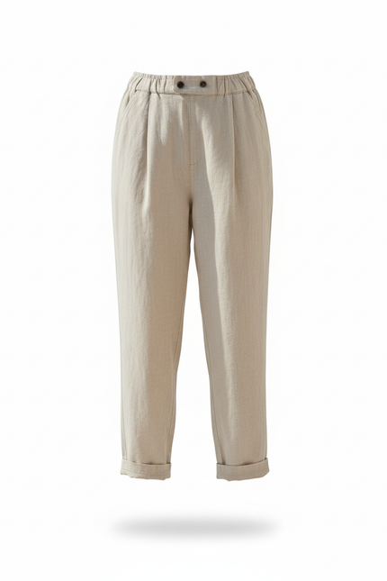 Pantalon En Lin Beige Taille Haute Ample Décontracté - vue 3