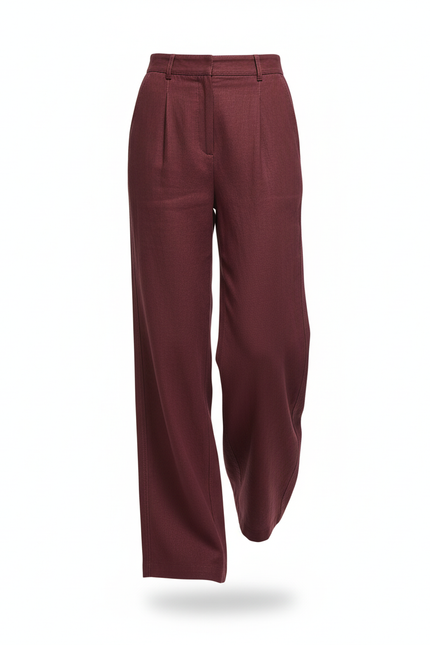 Pantalon En Lin Bordeau Ample Plissé Décontracté Fluide - Bordeaux - vue 3