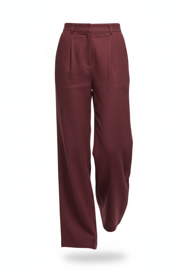 Pantalon En Lin Bordeau Ample Plissé Décontracté Fluide - Bordeaux - vue 3