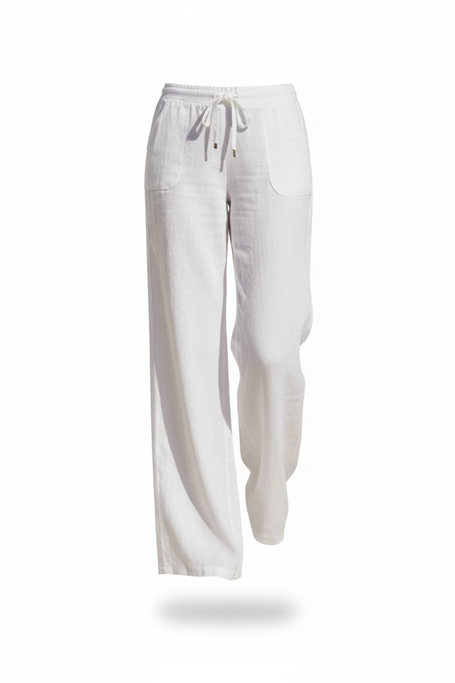 Pantalon En Lin Femme Blanc Coupe Ample Casual Été 2 - vue 3
