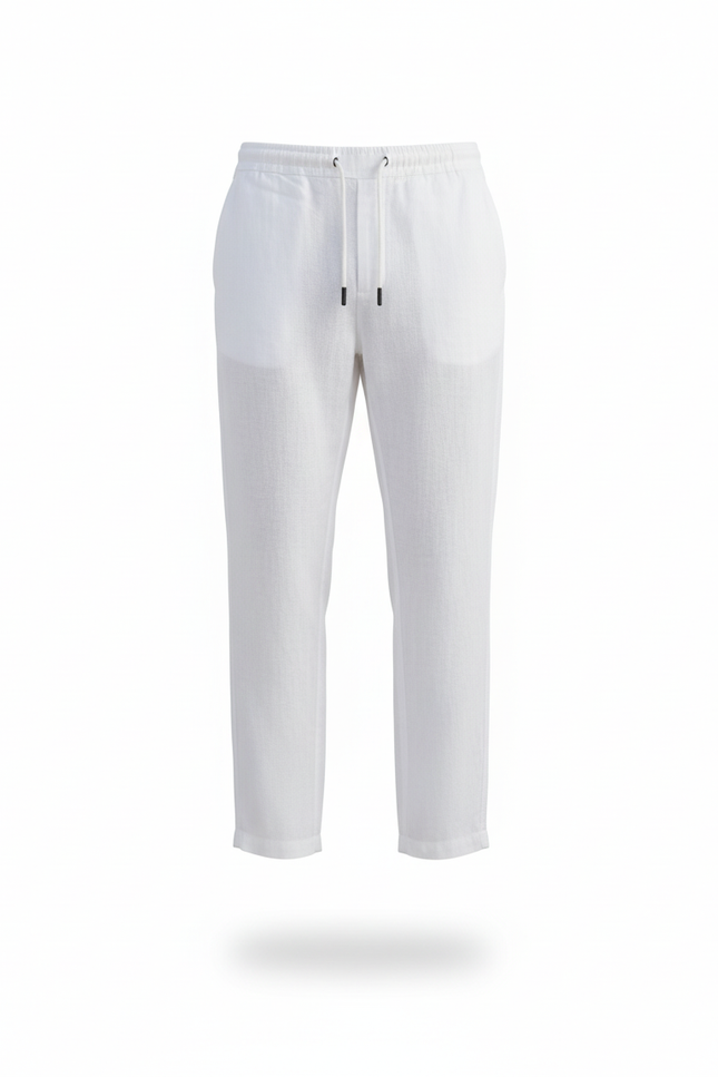 Pantalon En Lin Blanc Décontracté Léger Cordon Droit - vue 3
