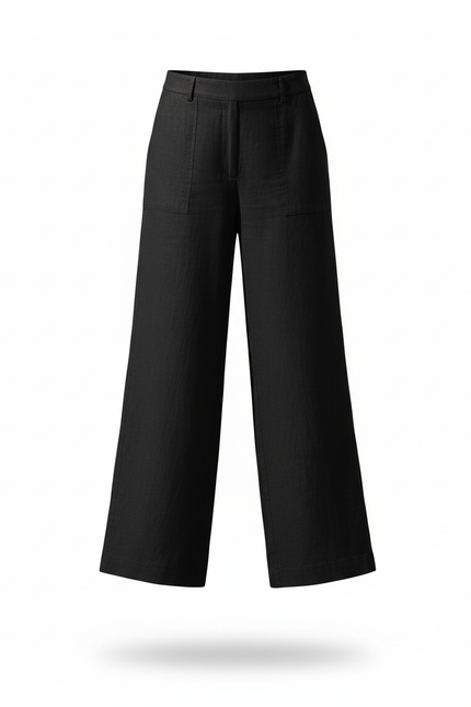 Pantalon En Lin Noir Ample Fluide Décontracté Élégant - vue 3