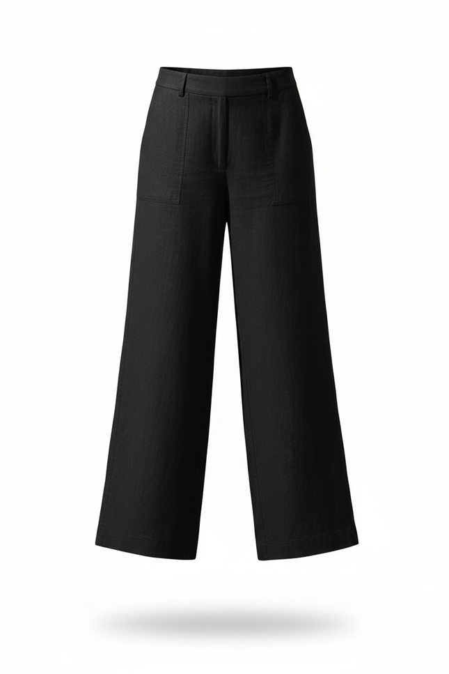 Pantalon En Lin Noir Ample Fluide Décontracté Élégant - vue 3