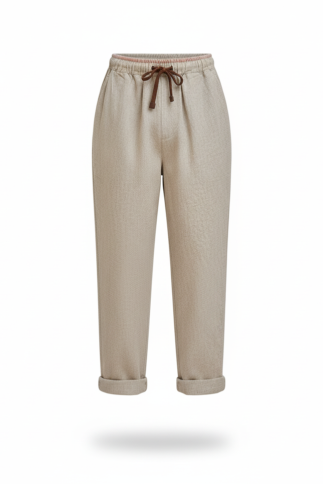 Pantalon En Lin Beige Ample Cordon Garçon Décontracté - vue 3