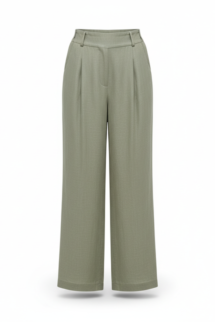 Pantalon En Lin Plissé Ample Taille Haute Kaki - vue 3
