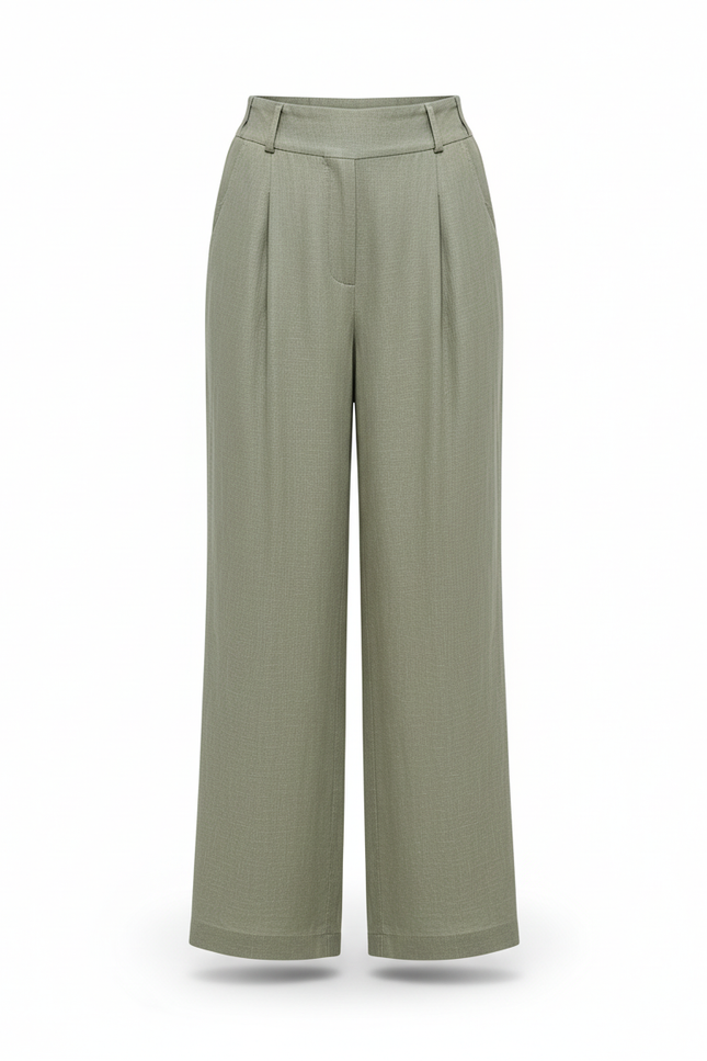 Pantalon En Lin Plissé Ample Taille Haute Kaki - vue 3
