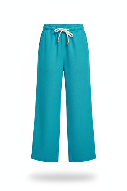 Pantalon En Lin Turquoise Ample Enfant Cordon Décontracté - Bleu - vue 3
