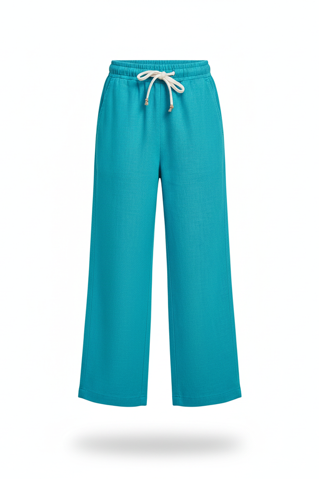 Pantalon En Lin Turquoise Ample Enfant Cordon Décontracté - Bleu - vue 3