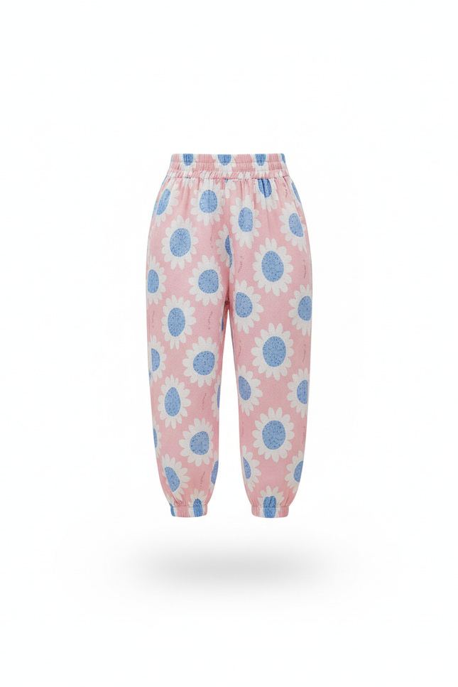 Pantalon En Lin Rose Imprimé Fleurs Élastique Fille - vue 3
