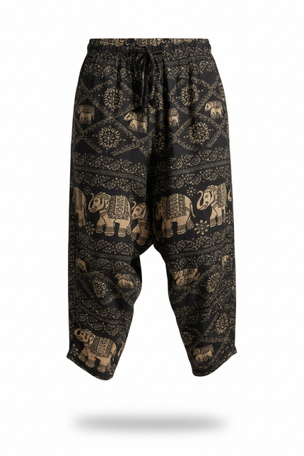 Pantalon En Lin Noir Ample Imprimé Éléphants Harem Homme - vue 3