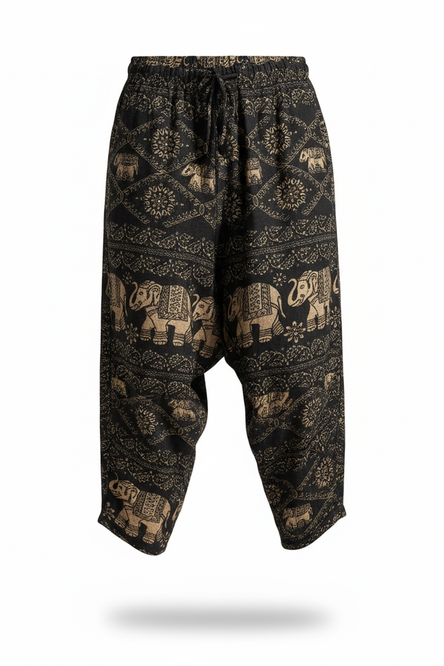 Pantalon En Lin Noir Ample Imprimé Éléphants Harem Homme - vue 3