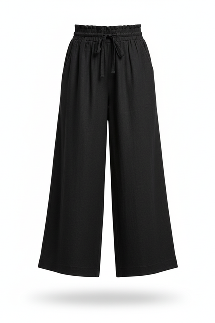 Pantalon En Lin Noir Ample Taille Élastique Fille - vue 3