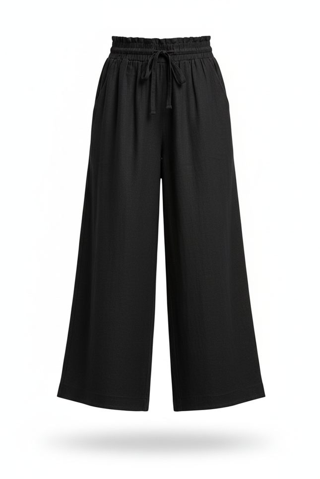 Pantalon En Lin Noir Ample Taille Élastique Fille - vue 3