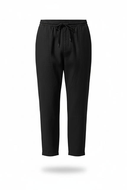 Pantalon En Lin Noir Ample Léger Cordon Confortable - vue 3