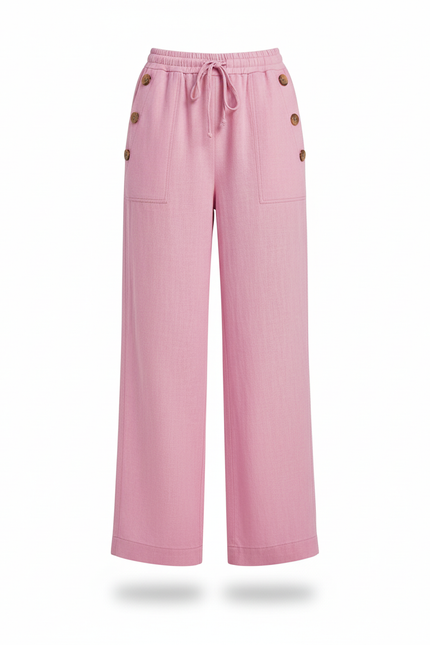 Pantalon En Lin Rose Ample Boutons Fluide Décontracté - vue 3