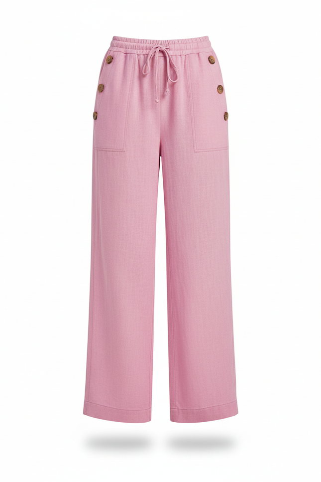 Pantalon En Lin Rose Ample Boutons Fluide Décontracté - vue 3