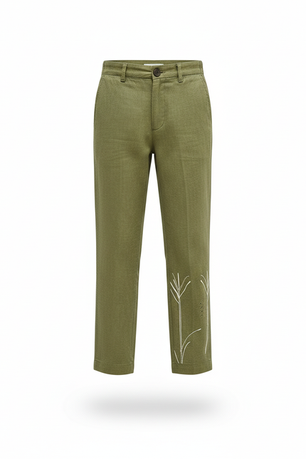 Pantalon En Lin Vert Brodé Droit Décontracté Garçon - Kaki - vue 3