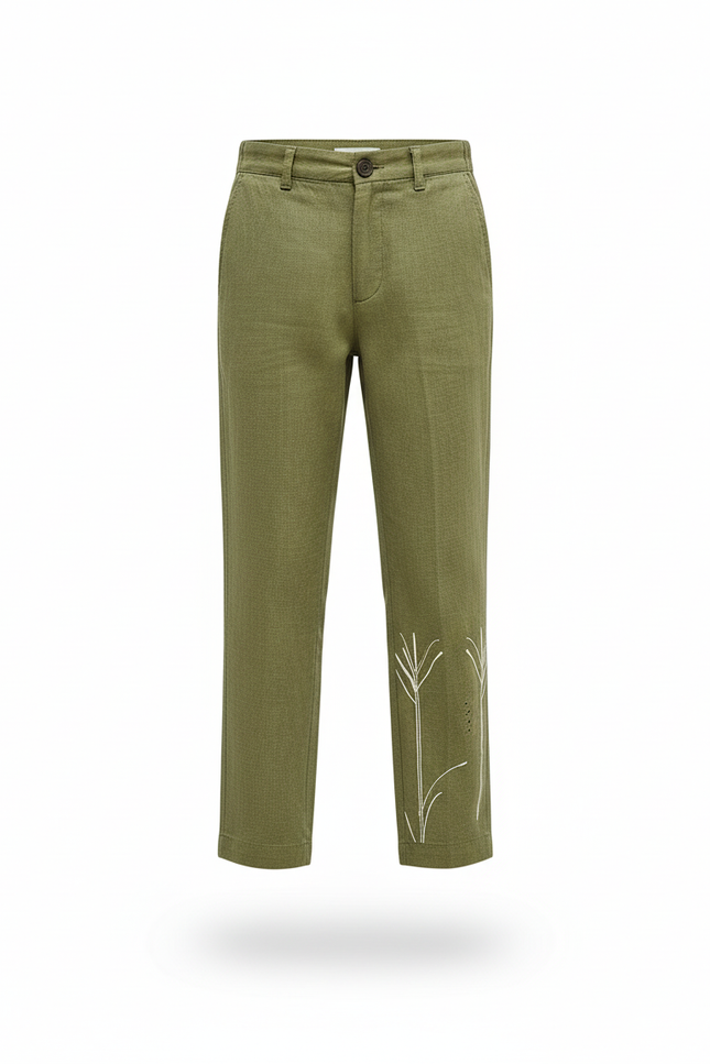 Pantalon En Lin Vert Brodé Droit Décontracté Garçon - Kaki - vue 3