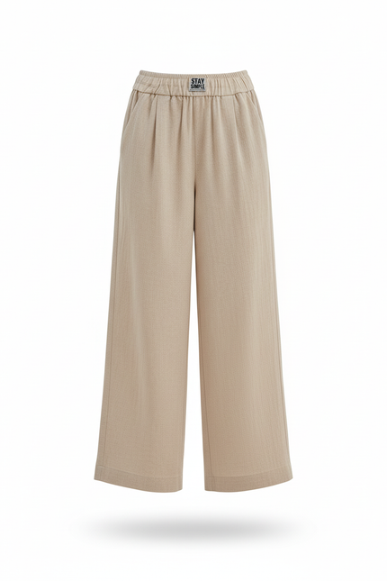 Pantalon En Lin Beige Ample Décontracté Fluide Élégant - vue 3