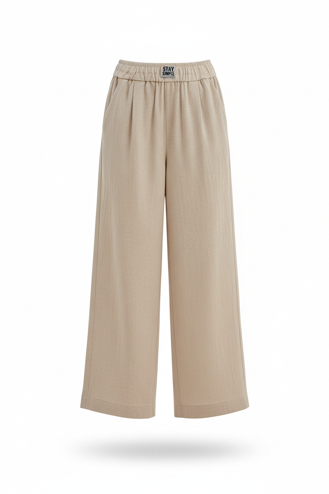 Pantalon En Lin Beige Ample Décontracté Fluide Élégant - vue 3