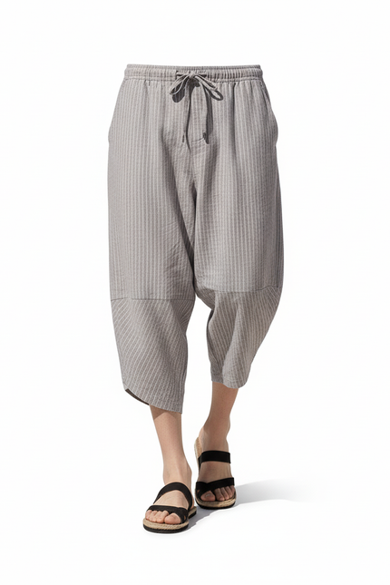 Pantalon En Lin Rayé Ample Décontracté Homme - Gris - vue 3