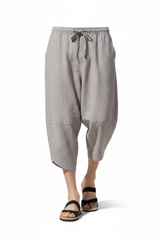 Pantalon En Lin Rayé Ample Décontracté Homme - Gris - vue 3