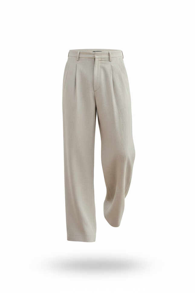 Pantalon En Lin Beige Ample Plissé Homme - vue 3