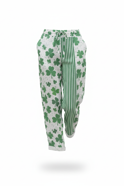 Pantalon En Lin Vert Imprimé Trèfle Décontracté Femme - vue 3