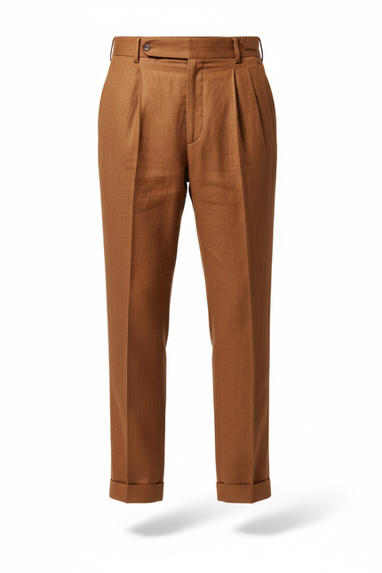 Pantalon En Lin Marron Plissé Droit Décontracté Élégant - vue 3