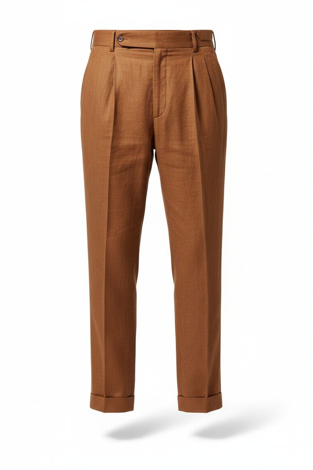 Pantalon En Lin Marron Plissé Droit Décontracté Élégant - vue 3