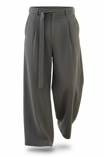 Pantalon En Lin Ample Gris Ceinture Décontracté Homme - vue 3